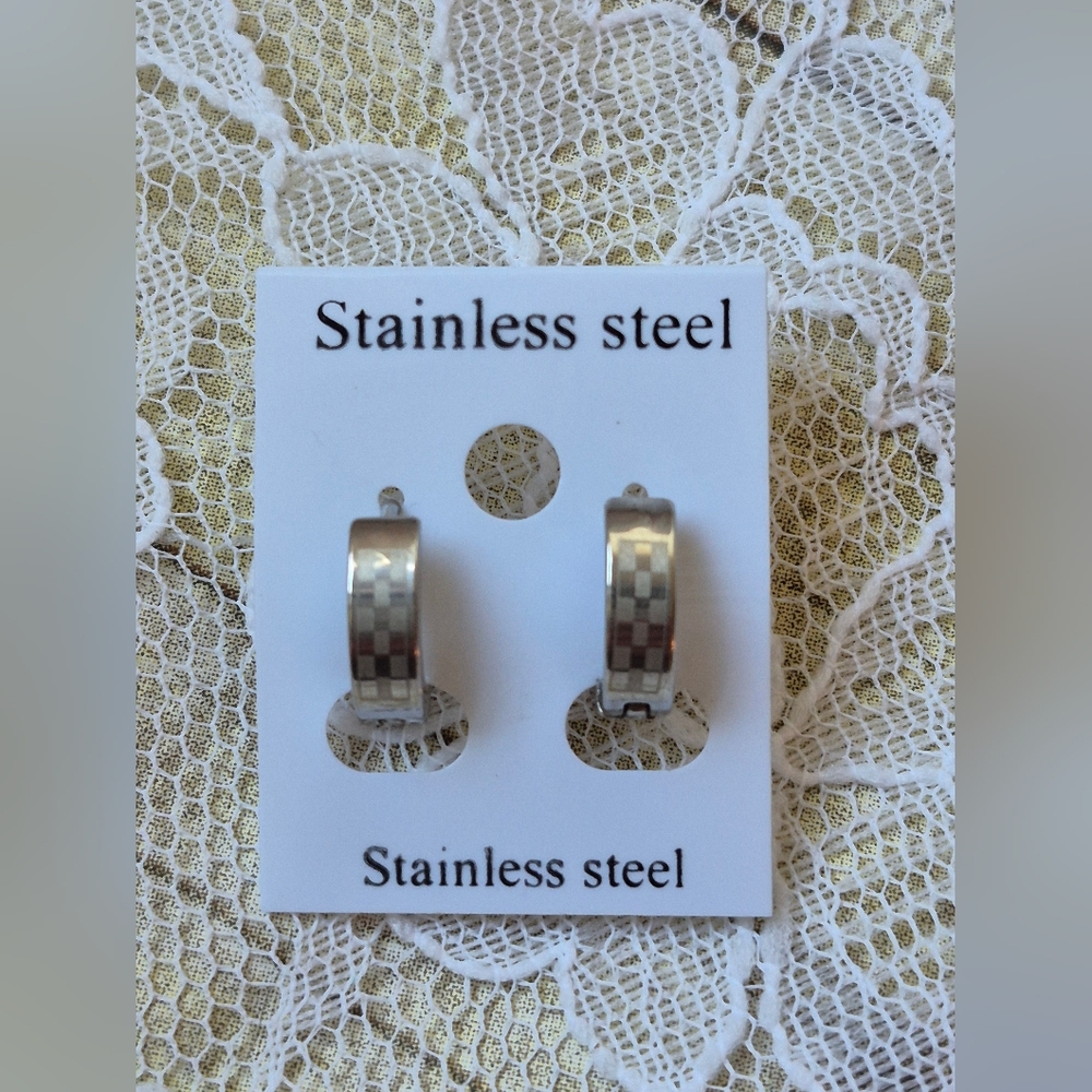 Tiny Silver Tone Checkerboard Hoop Earrings